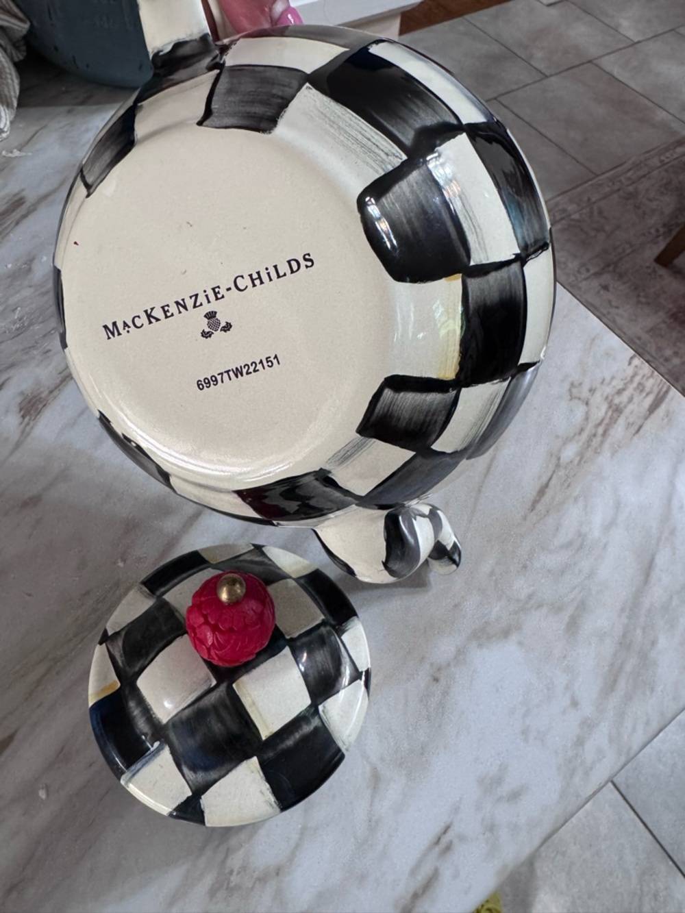 MacKenzie-Childs Black & White Check Teapot with Pink Finial - Picture 5 of 7
